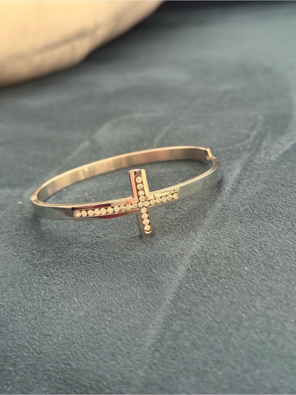 Silver-Tone Cross Clear Crystal Hinge Bangle Bracelet - Women Jewelry